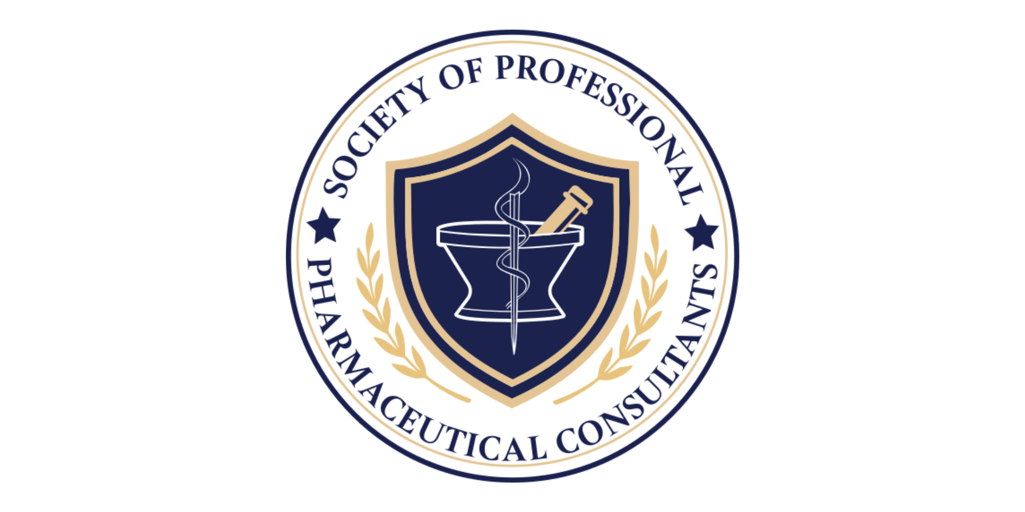 Image is an emblem that reads, 'Society of Pharmaceutical Consultants" There is a blue shield in the center with a mortar and pestle and sword with a sine curve DNA around it. Outside the shield are two pale gold laurels..