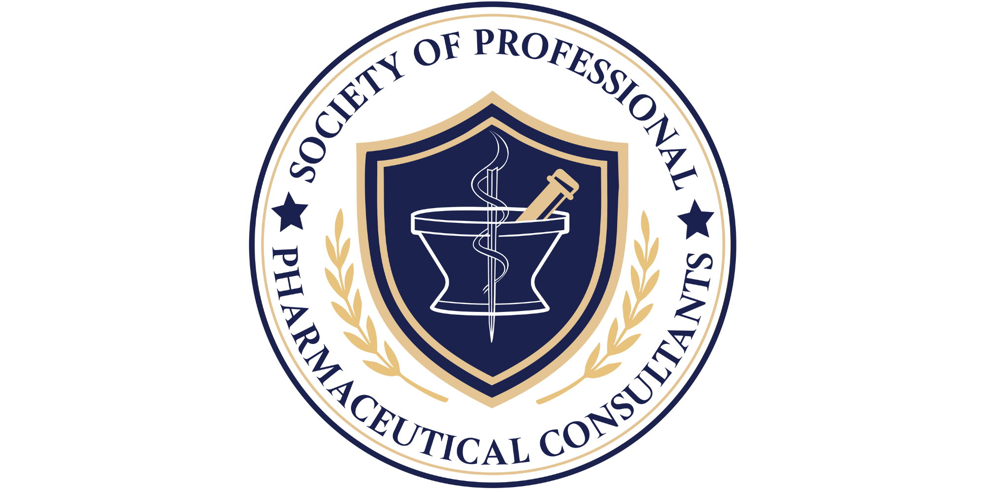 Image is an emblem that reads, 'Society of Pharmaceutical Consultants" There is a blue shield in the center with a mortar and pestle and sword with a sine curve DNA around it. Outside the shield are two pale gold laurels.