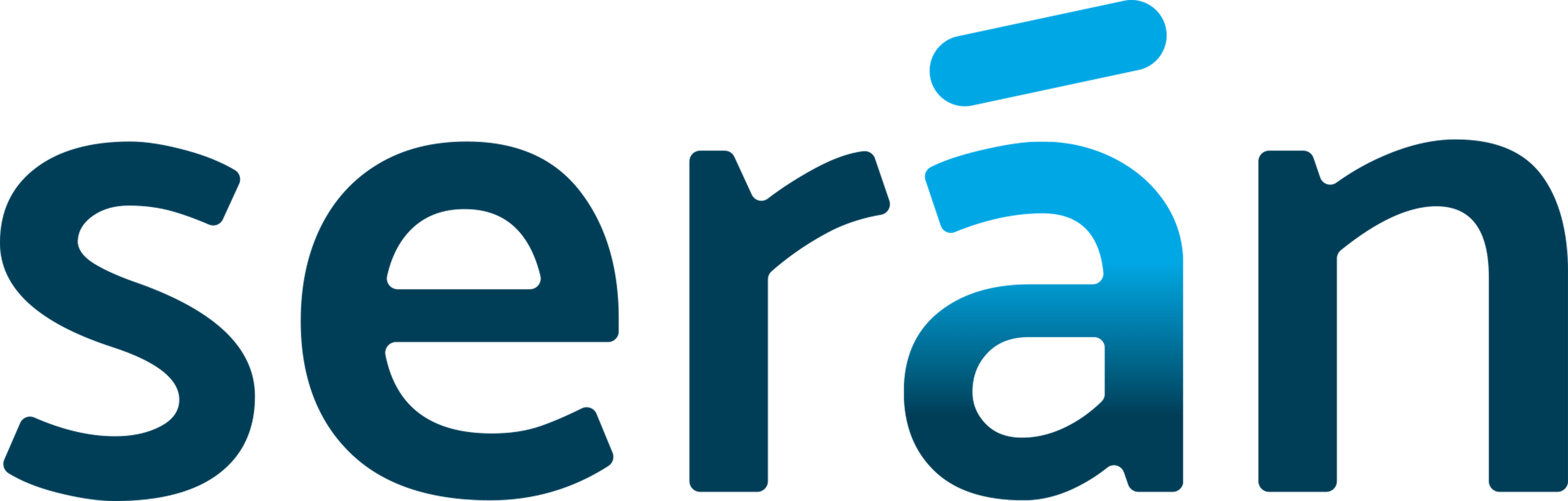 Image is of a mostly dark teal blue logo that says, serán," The "a" is partially a brighter blue. The logo is for Serán Bioscience.