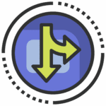 Graphic is of a chartreuse-green detour symbol. One of a arrows is pointing downward. The other is branching off to the right. The arrows are over a marine blue circle with black decorative outlines.