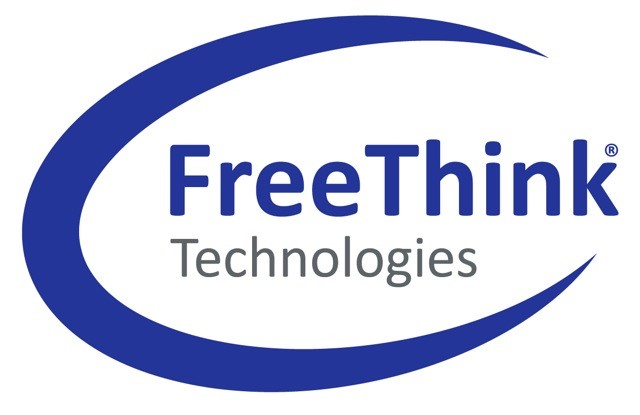 Image is of a logo. It says, "FreeThink" in royal blue. Below it, it says, Technologies in black. There is a large unfinished circle swooping from the top of the words in the logo to the bottom.